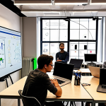 **Image Prompt:** A bustling co-working space in Lisbon, Portugal. Young entrepreneurs are collaborating on AI projects, surrounded by laptops displaying code and data visualizations. In the background, a whiteboard is filled with AI-related diagrams and formulas. The atmosphere is energetic and innovative. Style: modern, vibrant, and slightly futuristic.