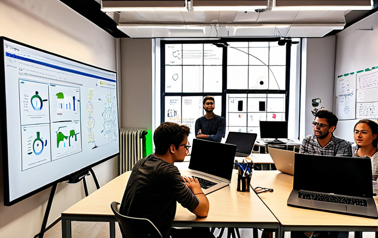 **Image Prompt:** A bustling co-working space in Lisbon, Portugal. Young entrepreneurs are collaborating on AI projects, surrounded by laptops displaying code and data visualizations. In the background, a whiteboard is filled with AI-related diagrams and formulas. The atmosphere is energetic and innovative. Style: modern, vibrant, and slightly futuristic.