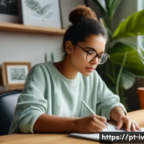Home 33 지식의 한계를 넘어서는 학습 방법 - A young adult woman studying at a cozy home workspace filled with natural light, surrounded by plant...
